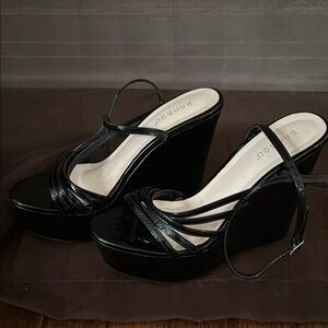 Black Patent Leather Wedge Sandals
